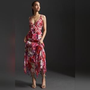 Anthropologie MISA Diana Floral Chiffon Maxi Dress Pink Red XS Coming Up Roses